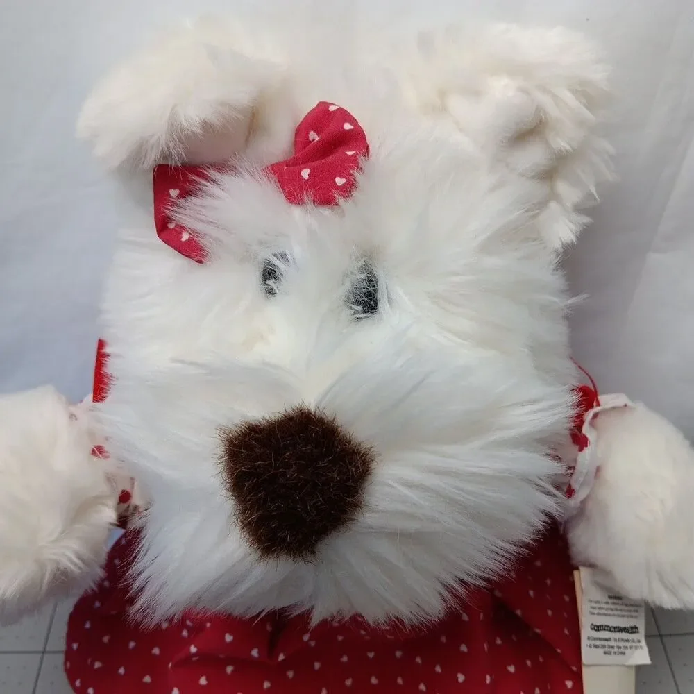 Commonwealth White Puppy Dog Red Hearts Dress and Bow Valentine's Day Plush
